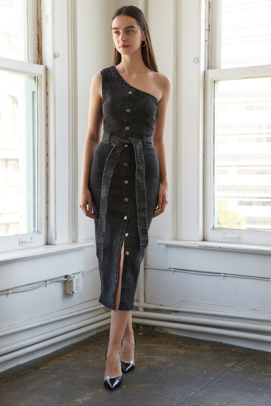 SOMEWHERE UP ABOVE DENIM MIDI DRESS Flying Tomato