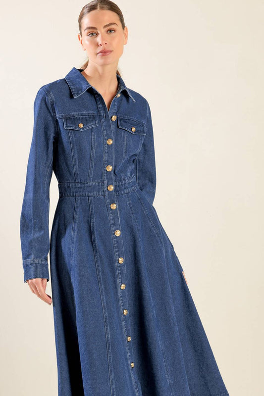 DRIFTING THOUGHTS DENIM MIDI DRESS Flying Tomato