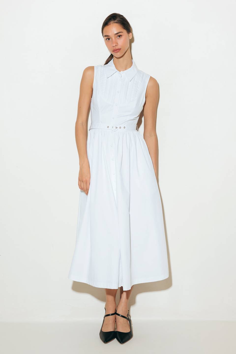 NUE EASE WHITE WOVEN MDI DRESS
