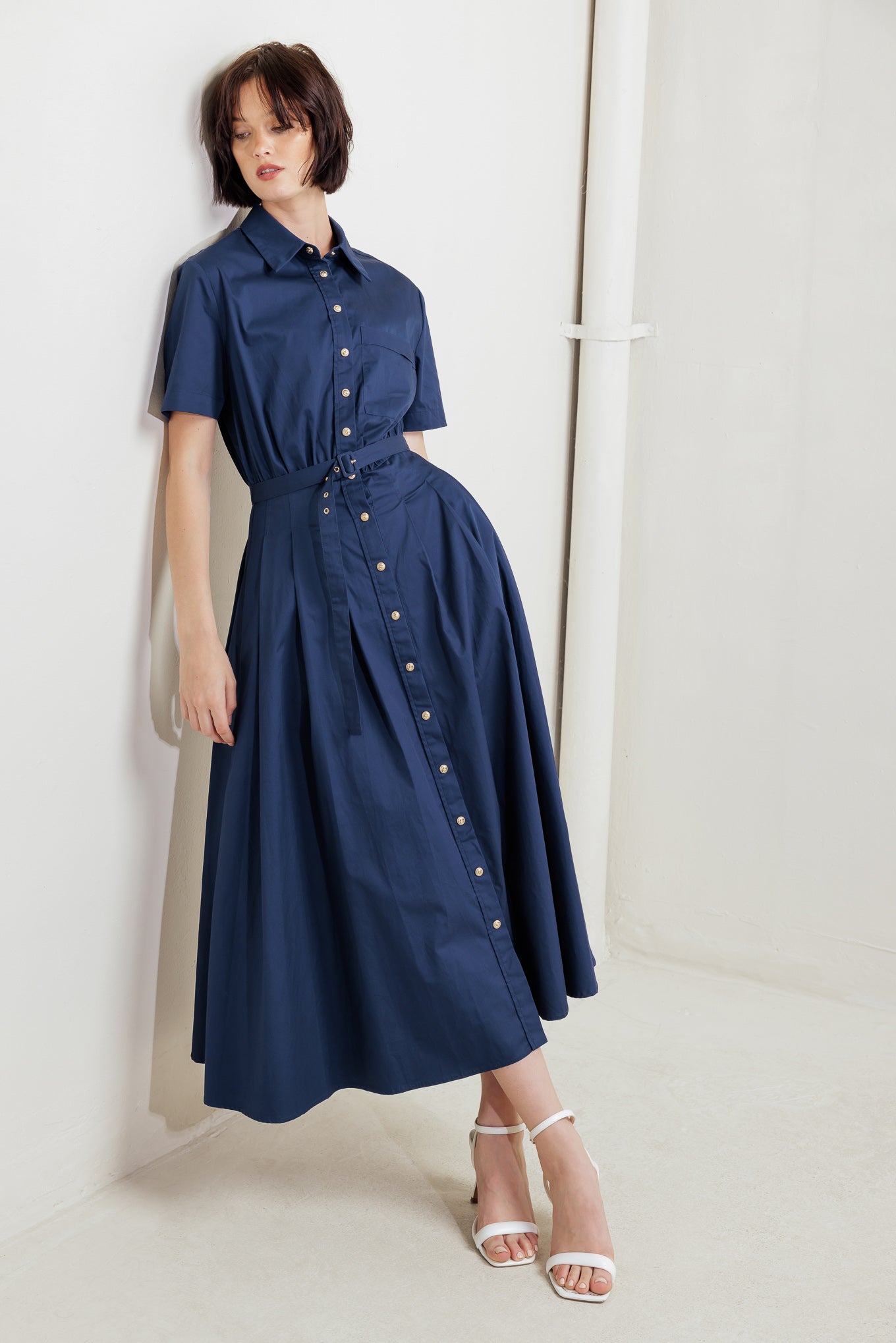 CINCHED COUTURE WOVEN MIDI DRESS