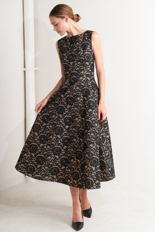 NIGHTFALL CHIC LACE WOVEN MIDI DRESS Flying Tomato