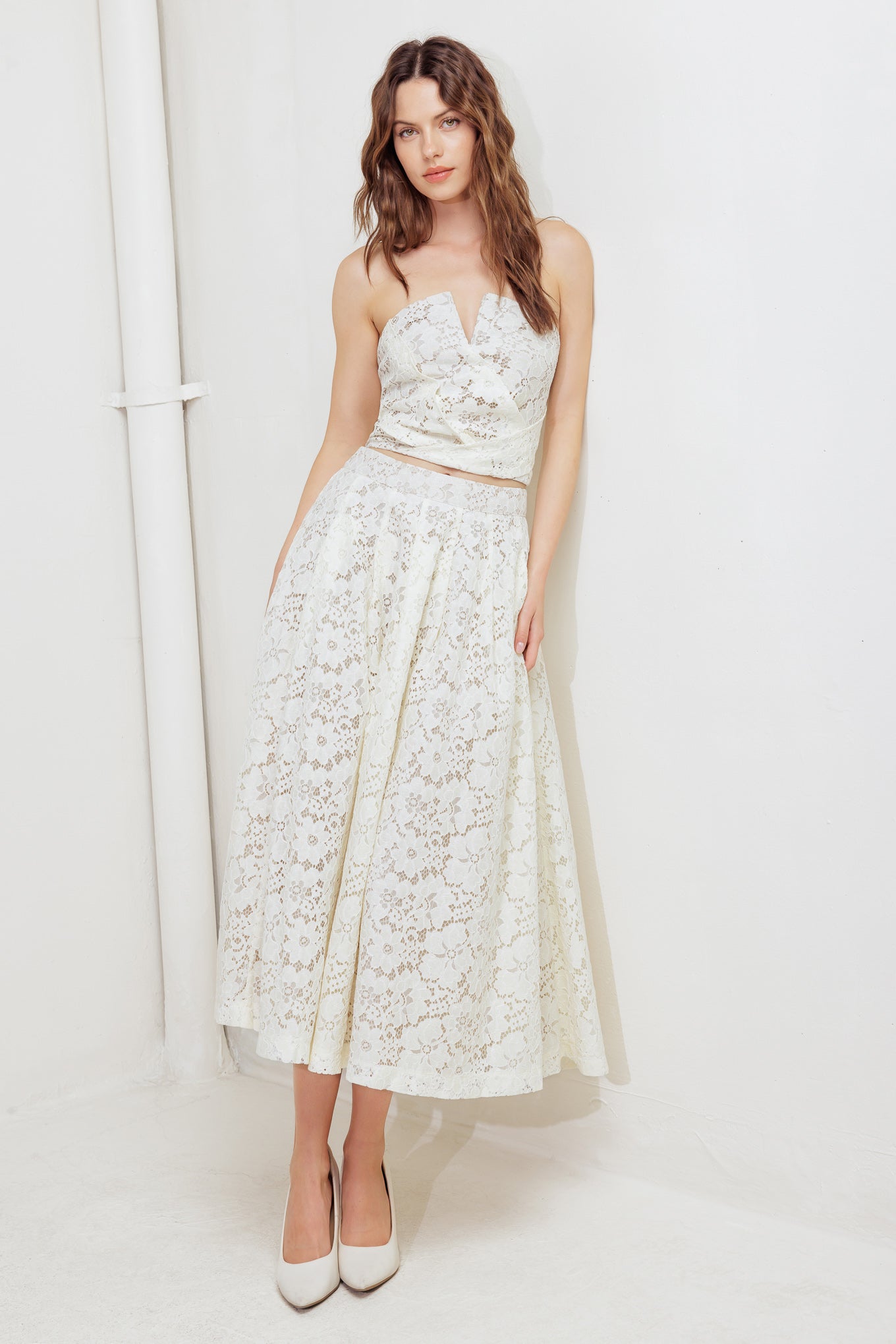 CHANTILLY FLAIR WOVEN LACE MIDI SKIRT