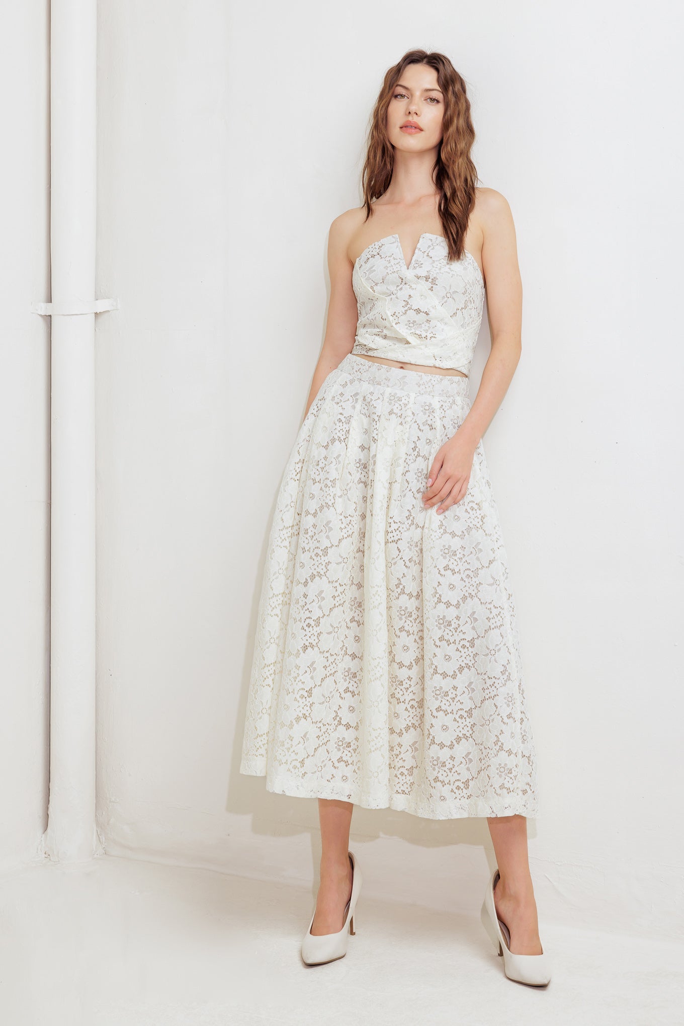 CHANTILLY FLAIR WOVEN LACE MIDI SKIRT