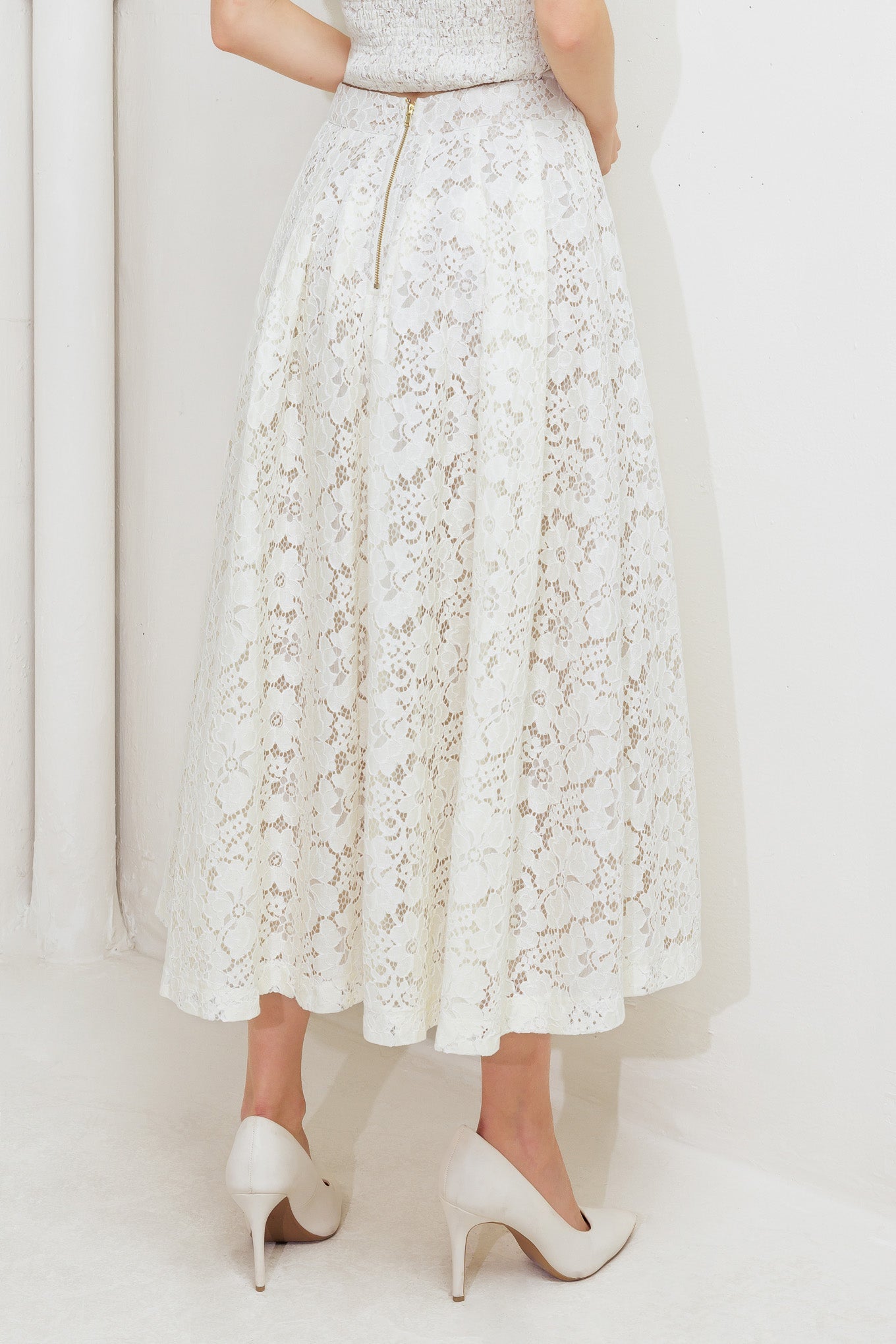 CHANTILLY FLAIR WOVEN LACE MIDI SKIRT