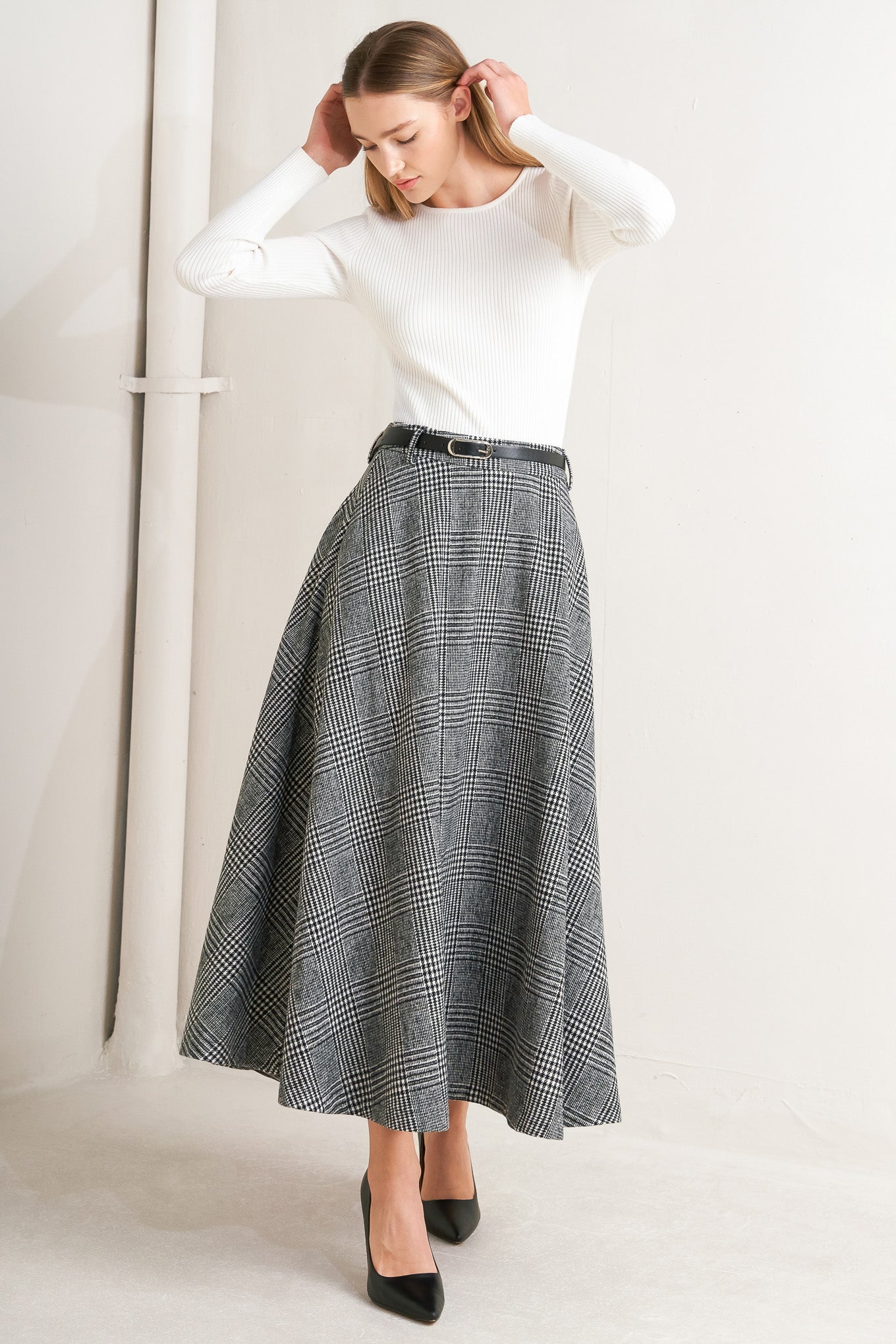 CITY CHECKLINE WOOLEN WOVEN MIDI SKIRT Flying Tomato