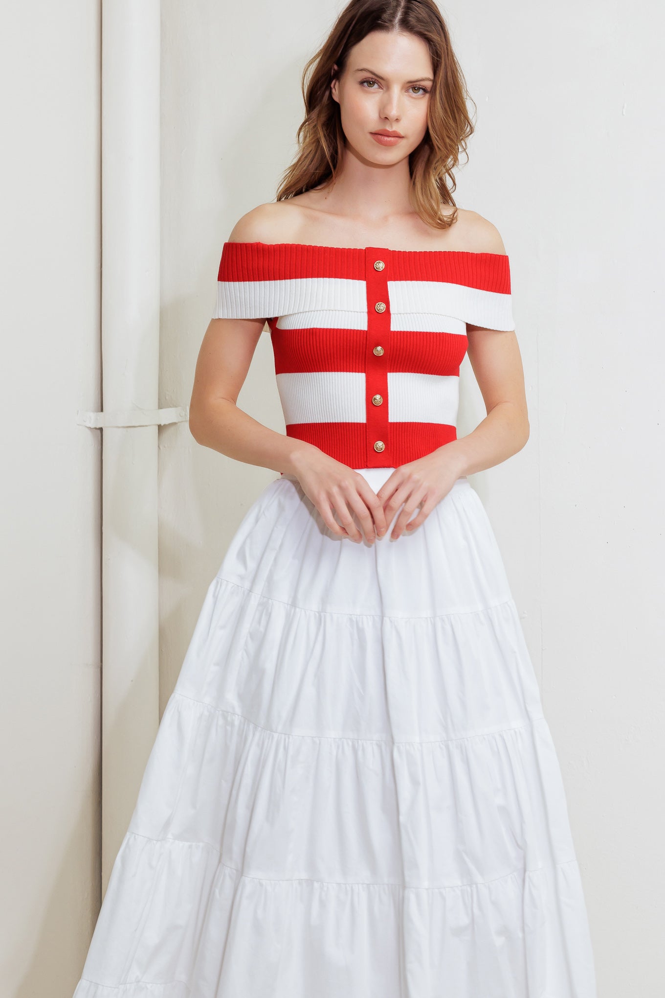 Red Knit Crop Top Off Shoulder Striped Button Down Top