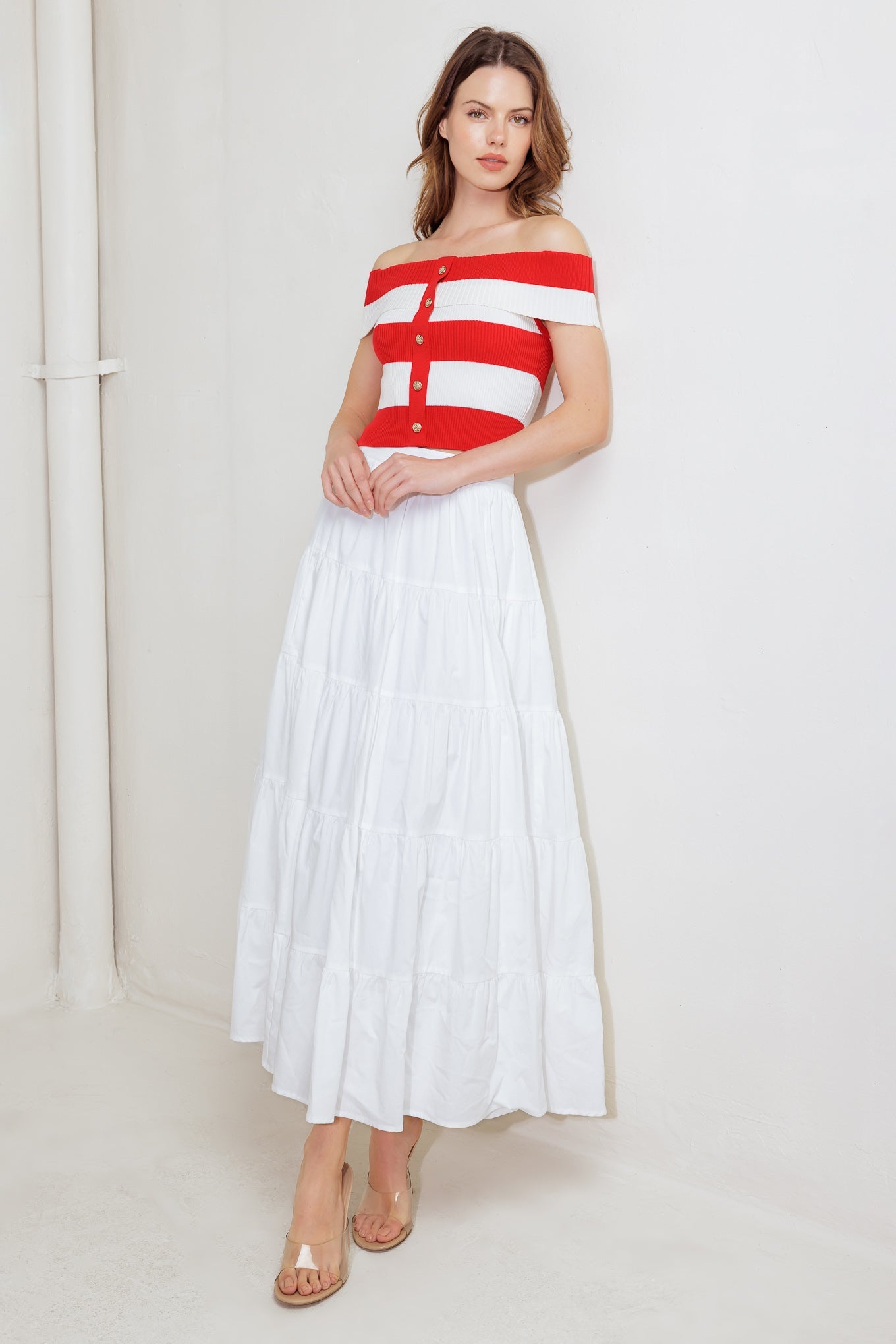 Red Knit Crop Top Off Shoulder Striped Button Down Top