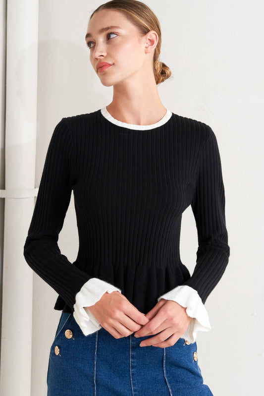 Delicate Edge Sweater Knit Top With Ruffled Sleeves Flying Tomato