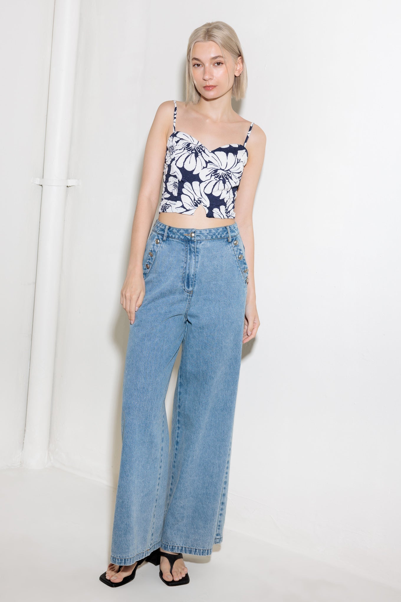 Plain Optimism Navy Woven Crop Top Sweetheart Neckline