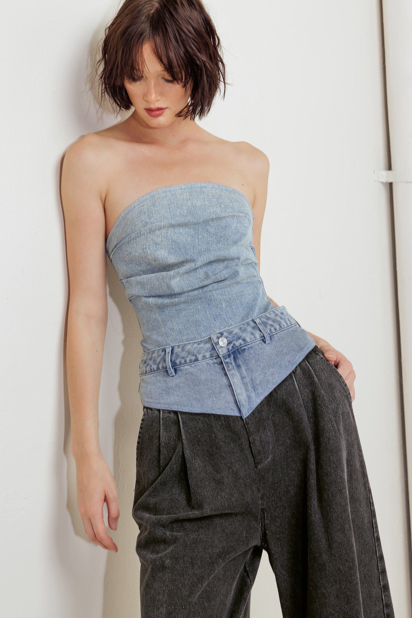 URBAN BONED CORSET DENIM BODYSUIT