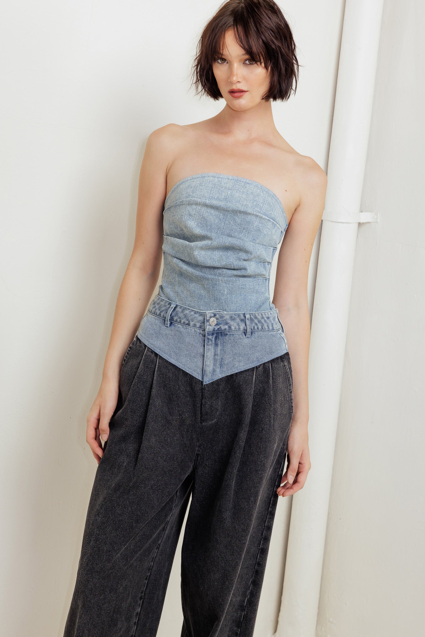 URBAN BONED CORSET DENIM BODYSUIT