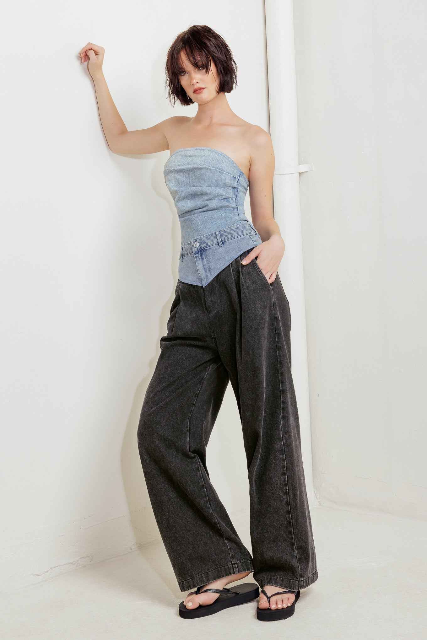 URBAN BONED CORSET DENIM BODYSUIT
