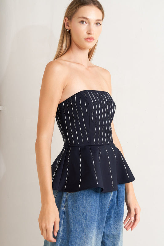 Geometric Edge Strapless Peplum Woven Top Embellished Flying Tomato