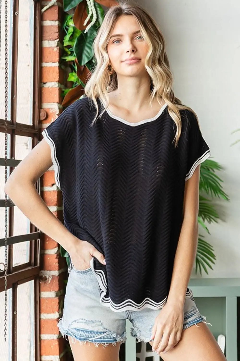 First Love Full Size Contrast Wavy Crochet Drop Shoulder Knit Top - Love Salve