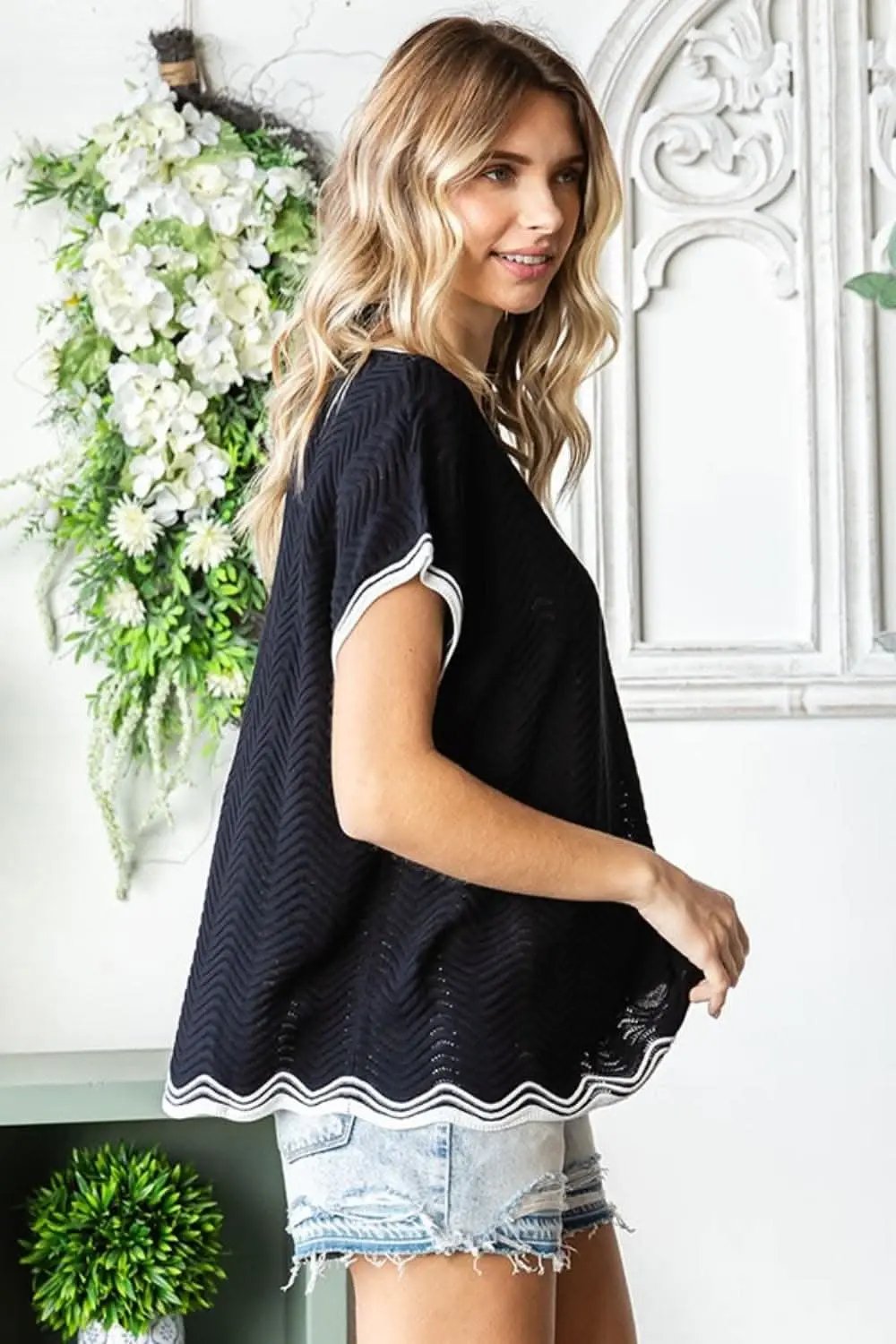 First Love Full Size Contrast Wavy Crochet Drop Shoulder Knit Top - Love Salve