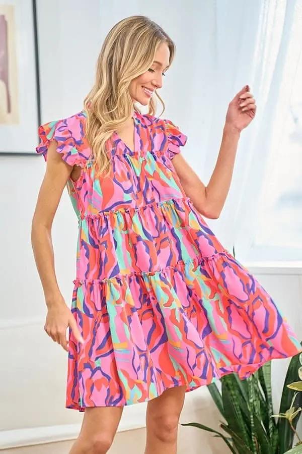 First Love Full Size Printed Ruffle Cap Sleeve Dress - Love Salve
