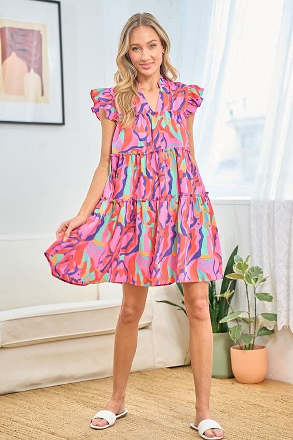 First Love Full Size Printed Ruffle Cap Sleeve Dress - Love Salve