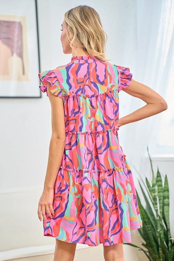 First Love Full Size Printed Ruffle Cap Sleeve Dress - Love Salve