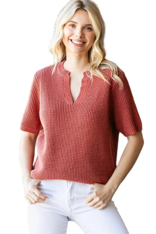 First Love Notched Short Sleeve Knit Top - Love Salve