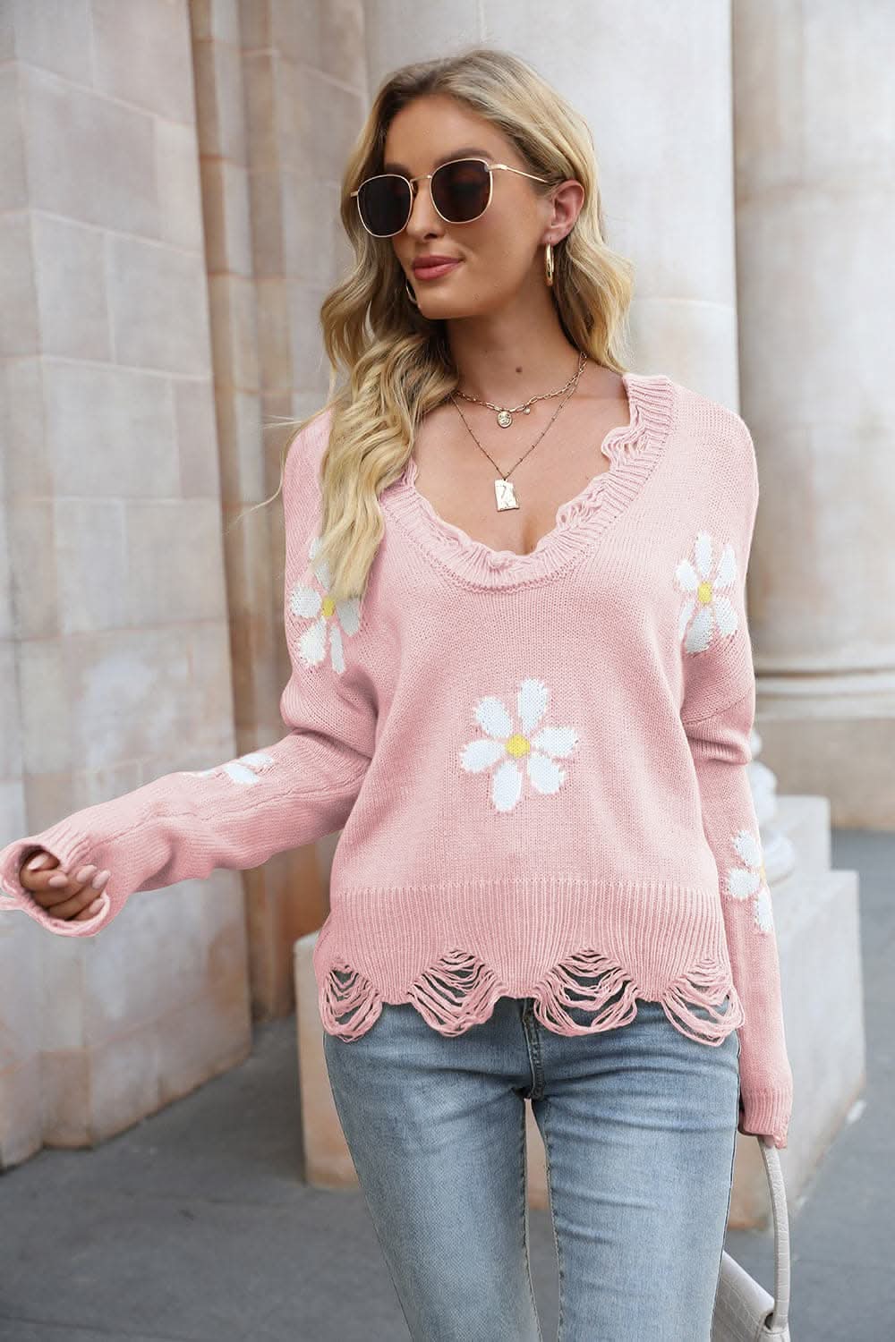 Floral Knit Sweater - Distressed Style