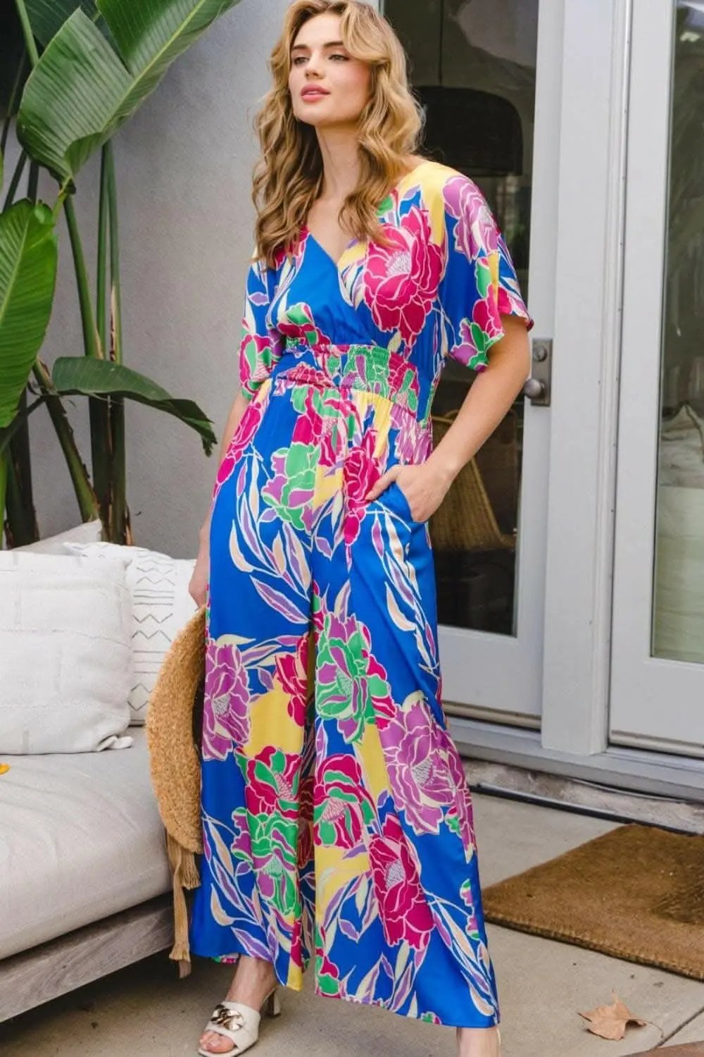 Floral Smocked Back-Tie Jumpsuit for Plus Size Women - Love Salve