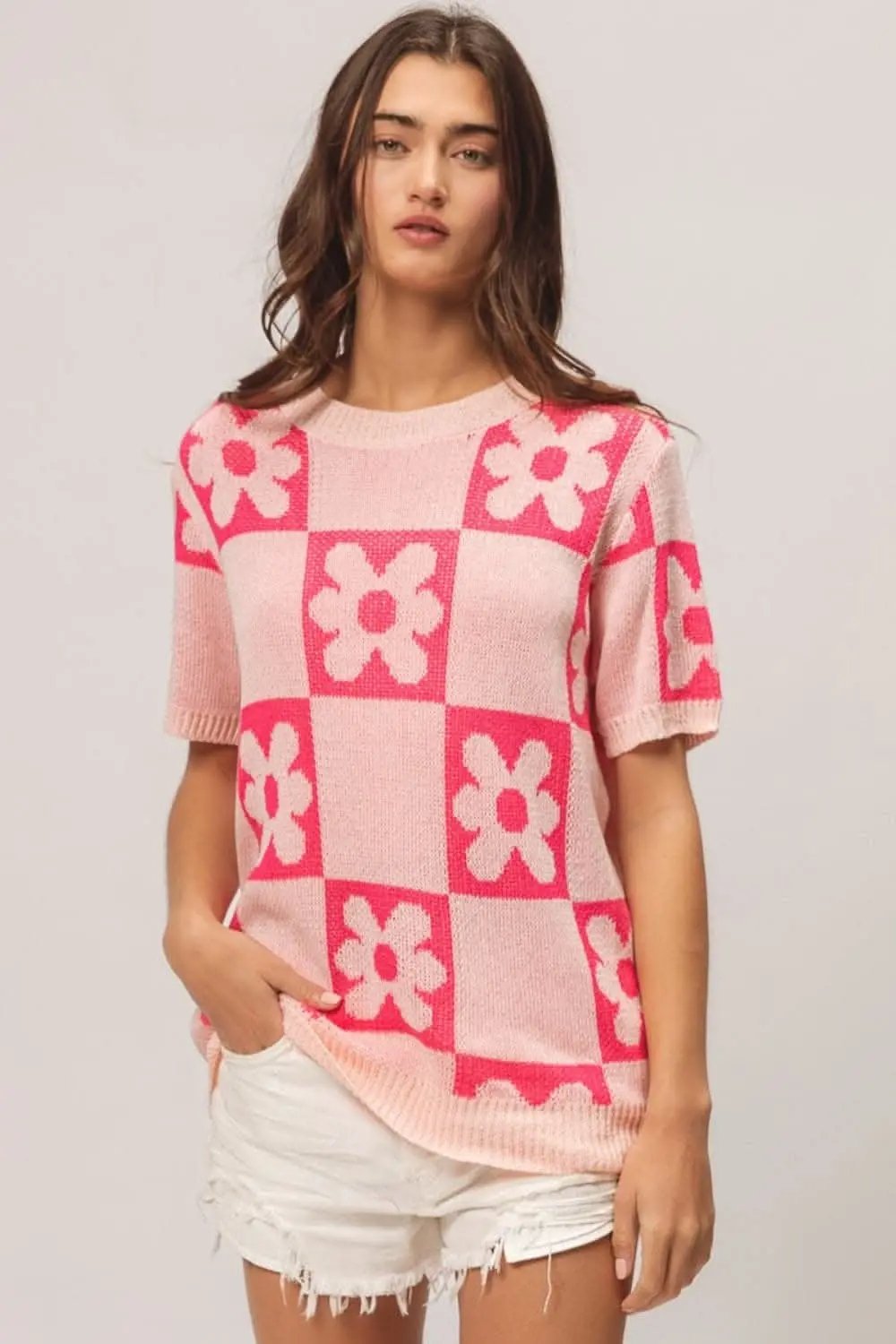 Floral and checker pattern short sleeve sweater by BiBi - Love Salve