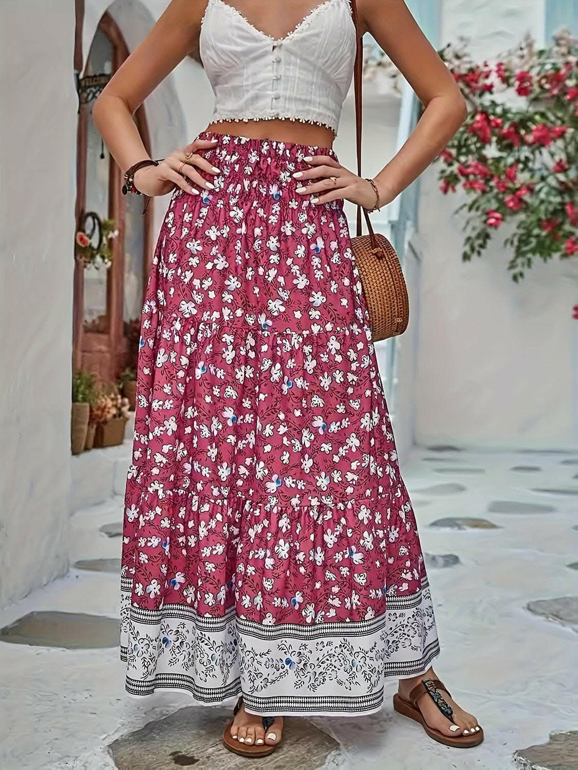 Floral midi skirt with elastic waist - Love Salve