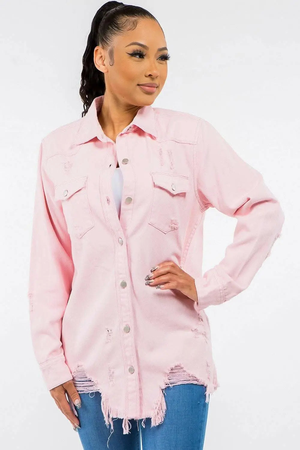 Frayed Edge Distressed Denim Jacket for a Stylish Edge - Love Salve