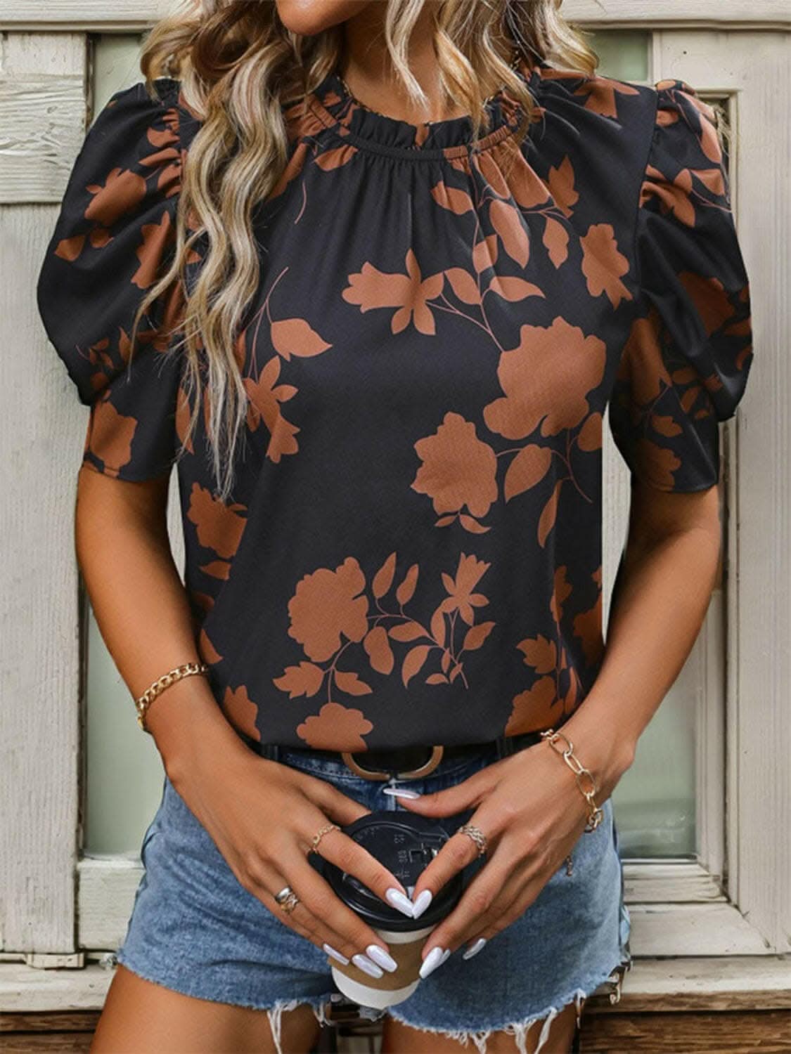 Frill puff sleeve blouse - printed design - Love Salve
