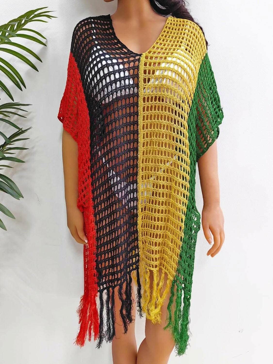 Fringe color block beach cover up