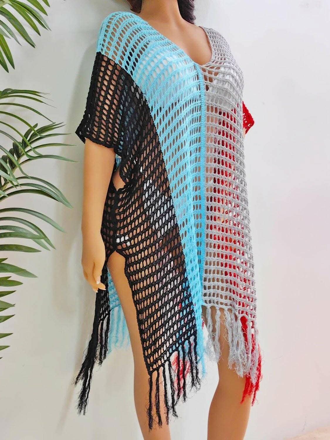 Fringe color block beach cover up