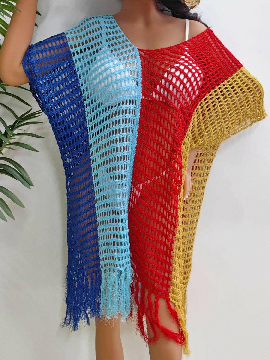 Fringe color block beach cover up