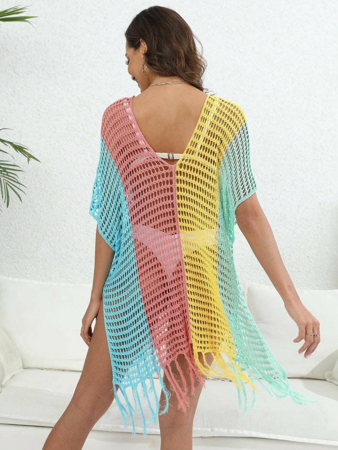 Fringe color block beach cover up