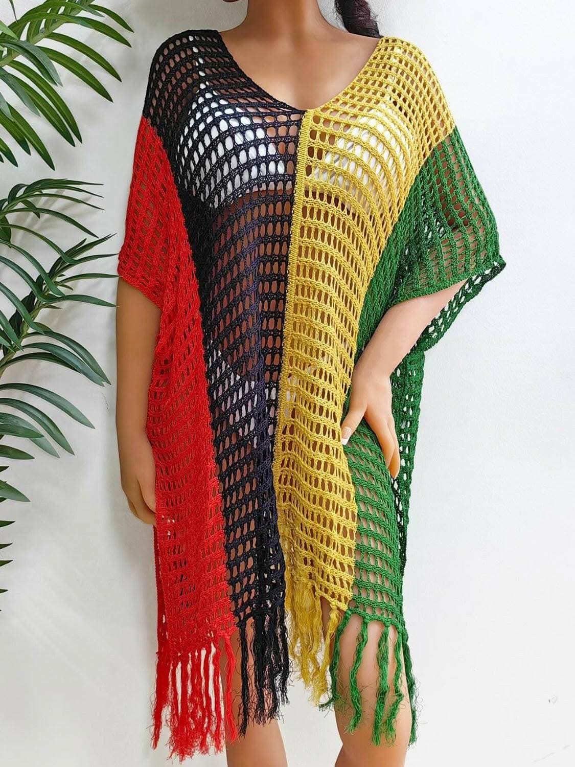 Fringe color block beach cover up