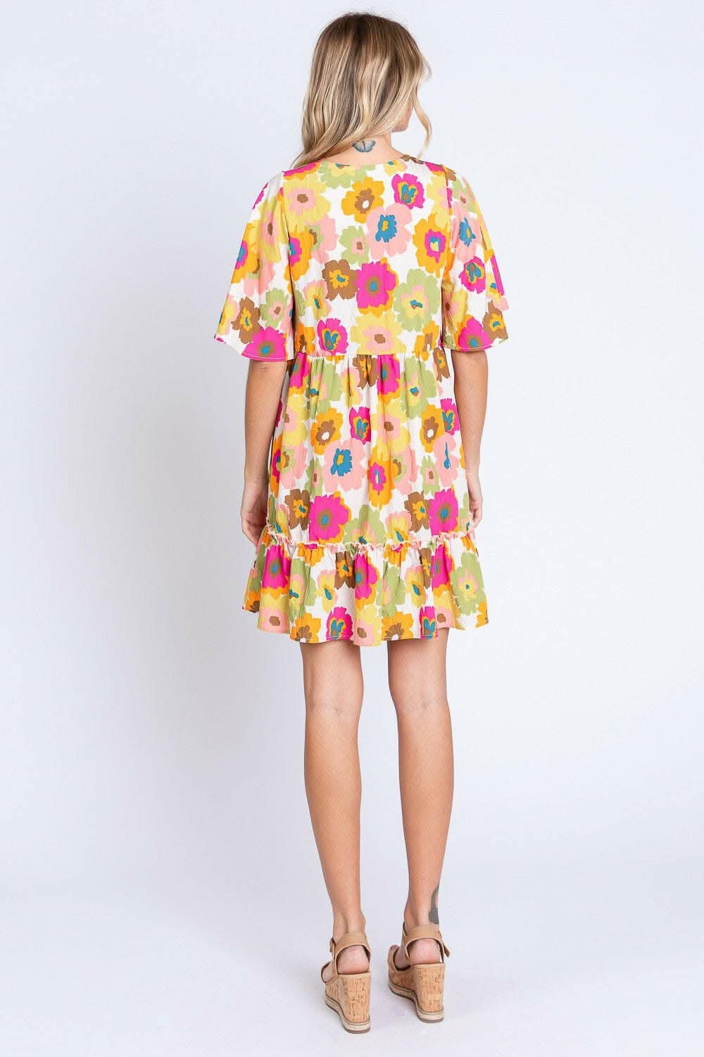 GeeGee Full Size Floral V-Neck Ruffle Trim Mini Dress - Love Salve