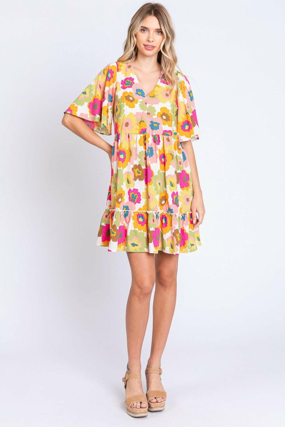 GeeGee Full Size Floral V-Neck Ruffle Trim Mini Dress - Love Salve