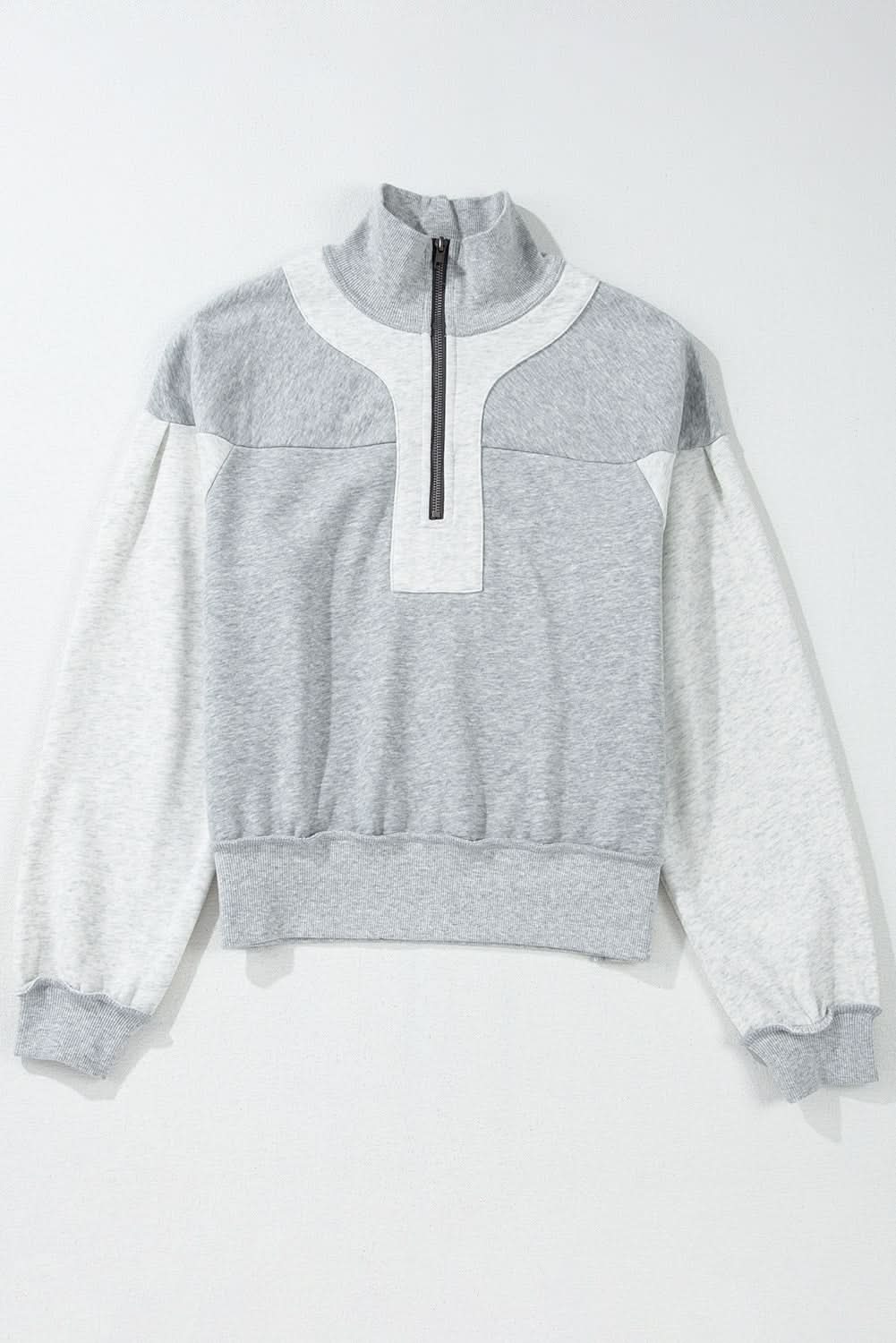 Gray Half Zipper Collared Drop Shoulder Side Slits Sweatshirt - Love Salve
