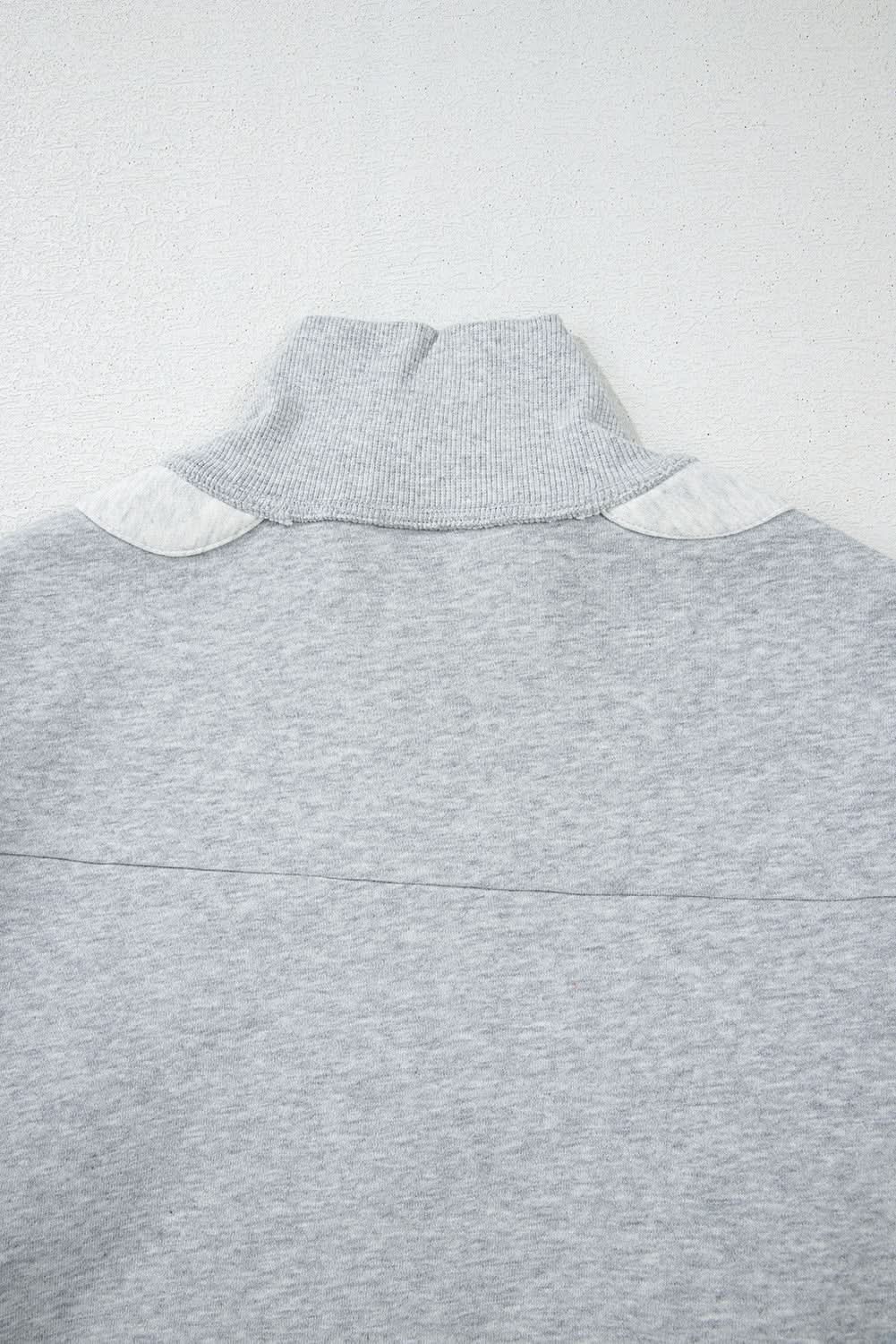 Gray Half Zipper Collared Drop Shoulder Side Slits Sweatshirt - Love Salve