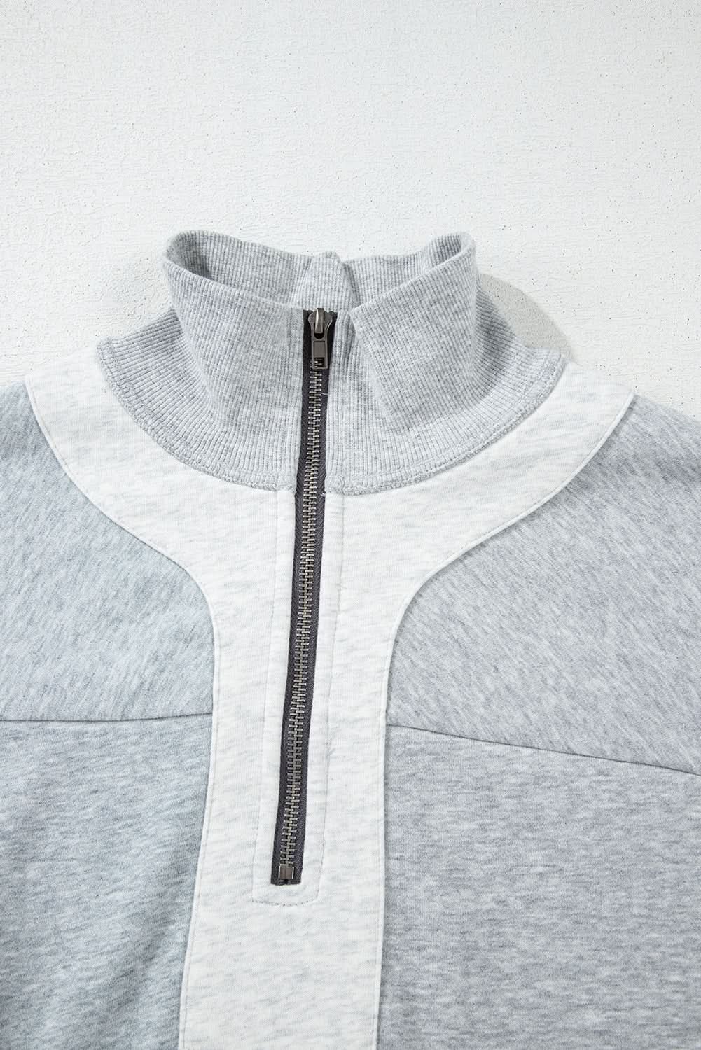 Gray Half Zipper Collared Drop Shoulder Side Slits Sweatshirt - Love Salve