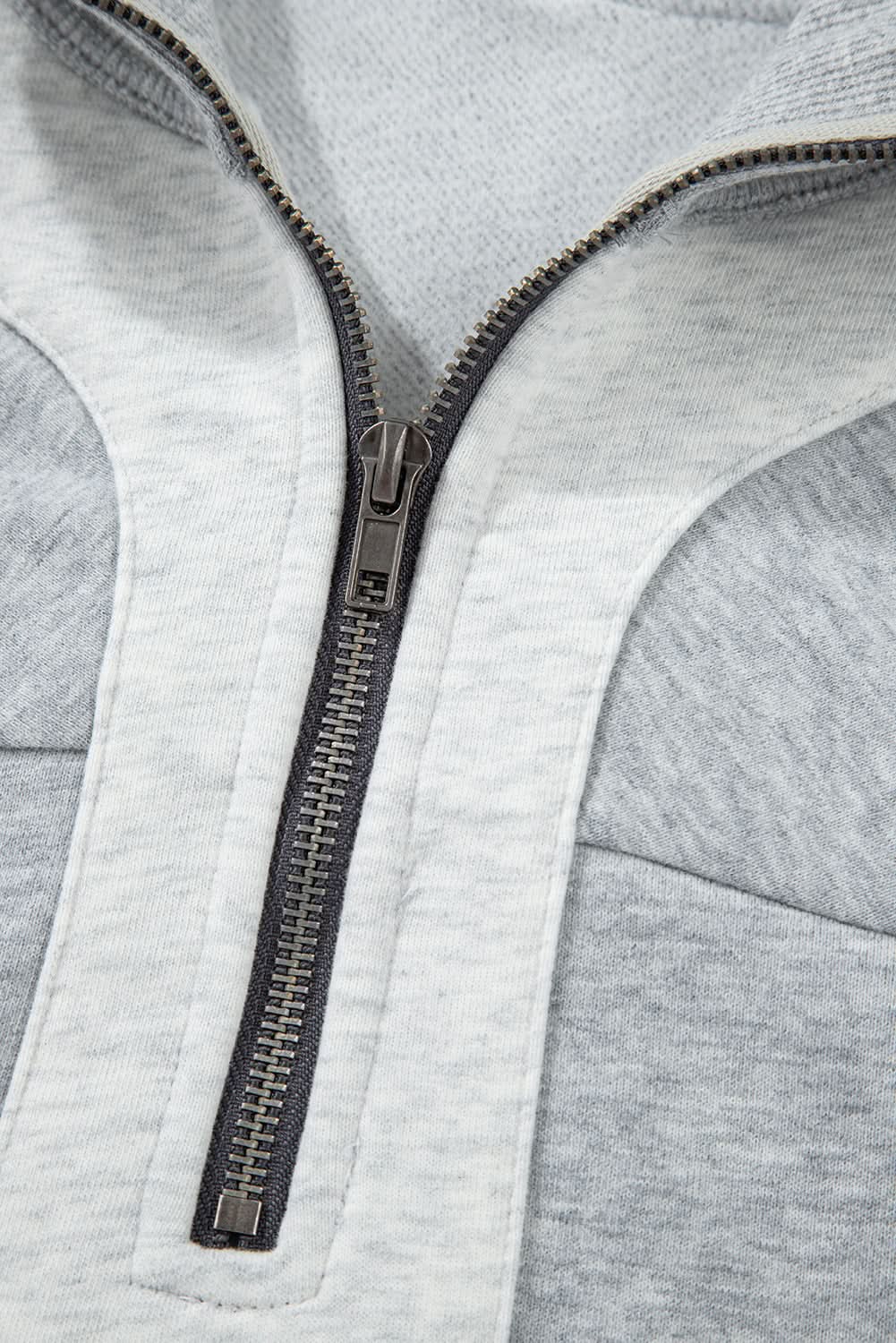 Gray Half Zipper Collared Drop Shoulder Side Slits Sweatshirt - Love Salve