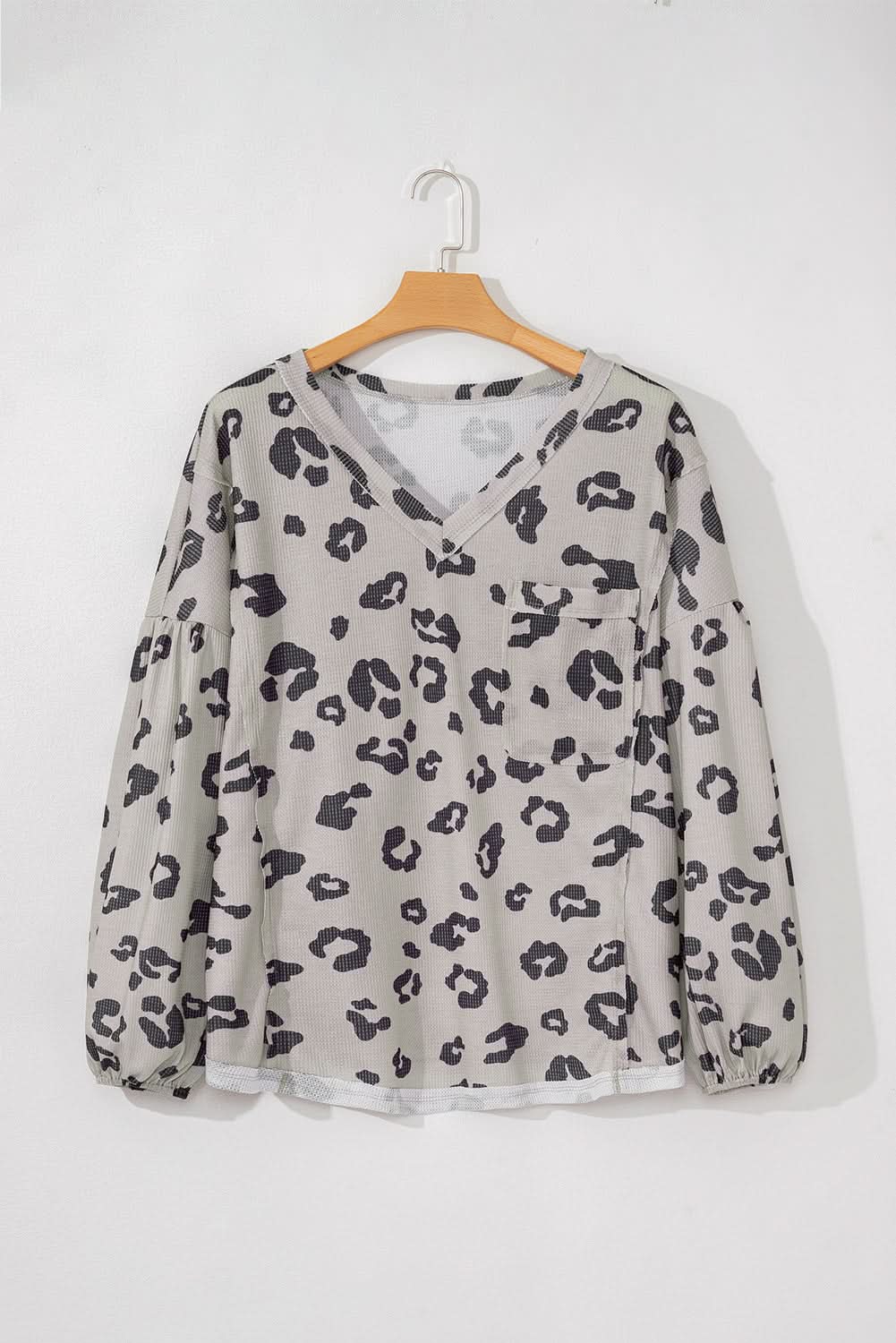 Gray Printed Leopard Balloon Sleeve Thermal Knit Plus Size Top - Love Salve