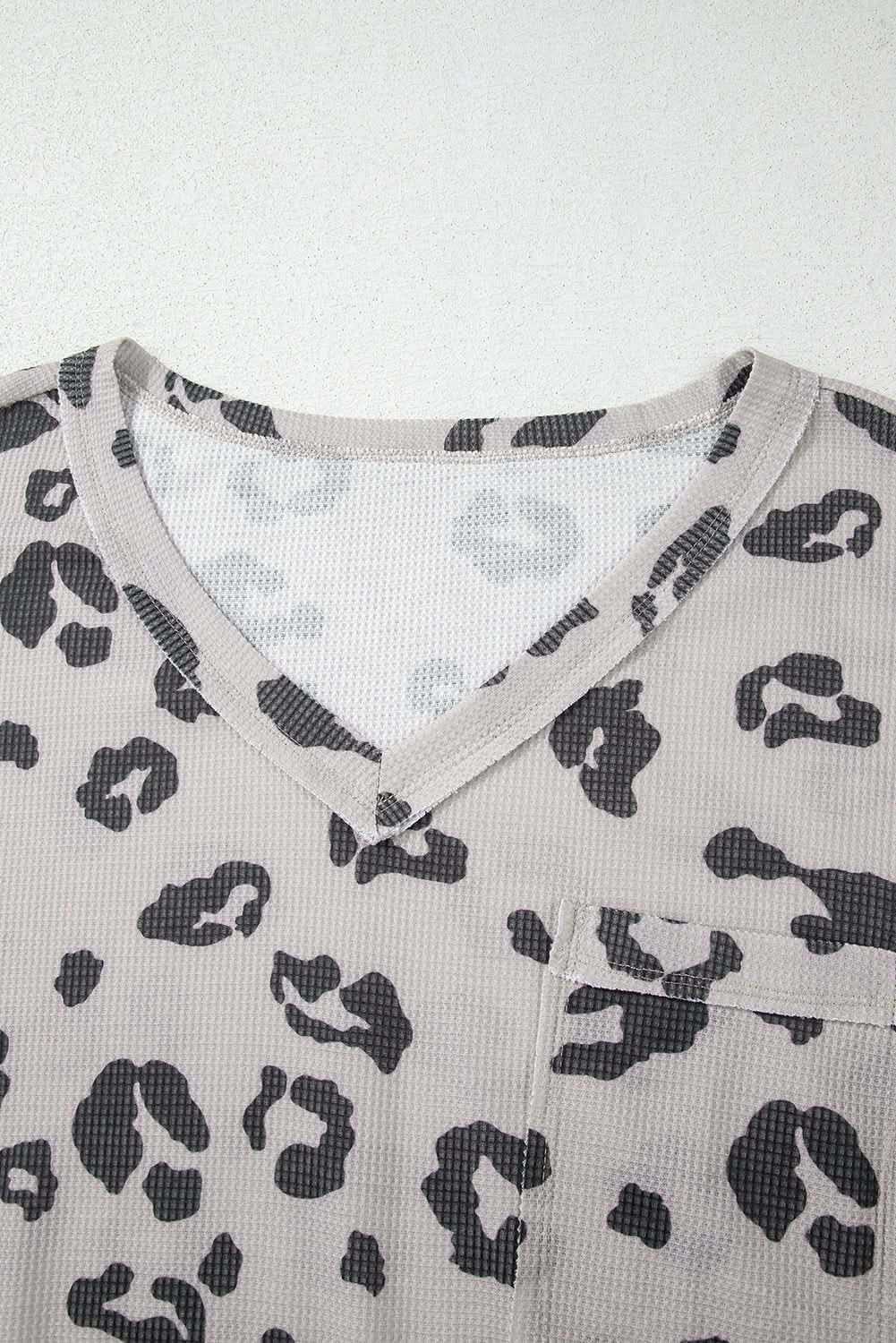 Gray Printed Leopard Balloon Sleeve Thermal Knit Plus Size Top - Love Salve