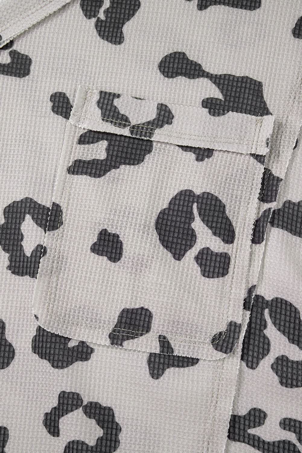 Gray Printed Leopard Balloon Sleeve Thermal Knit Plus Size Top - Love Salve