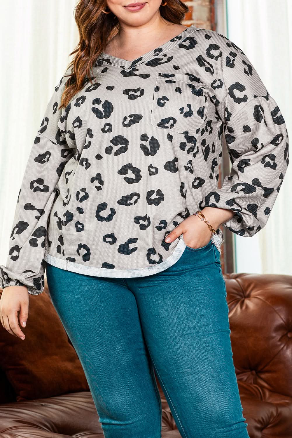 Gray Printed Leopard Balloon Sleeve Thermal Knit Plus Size Top - Love Salve
