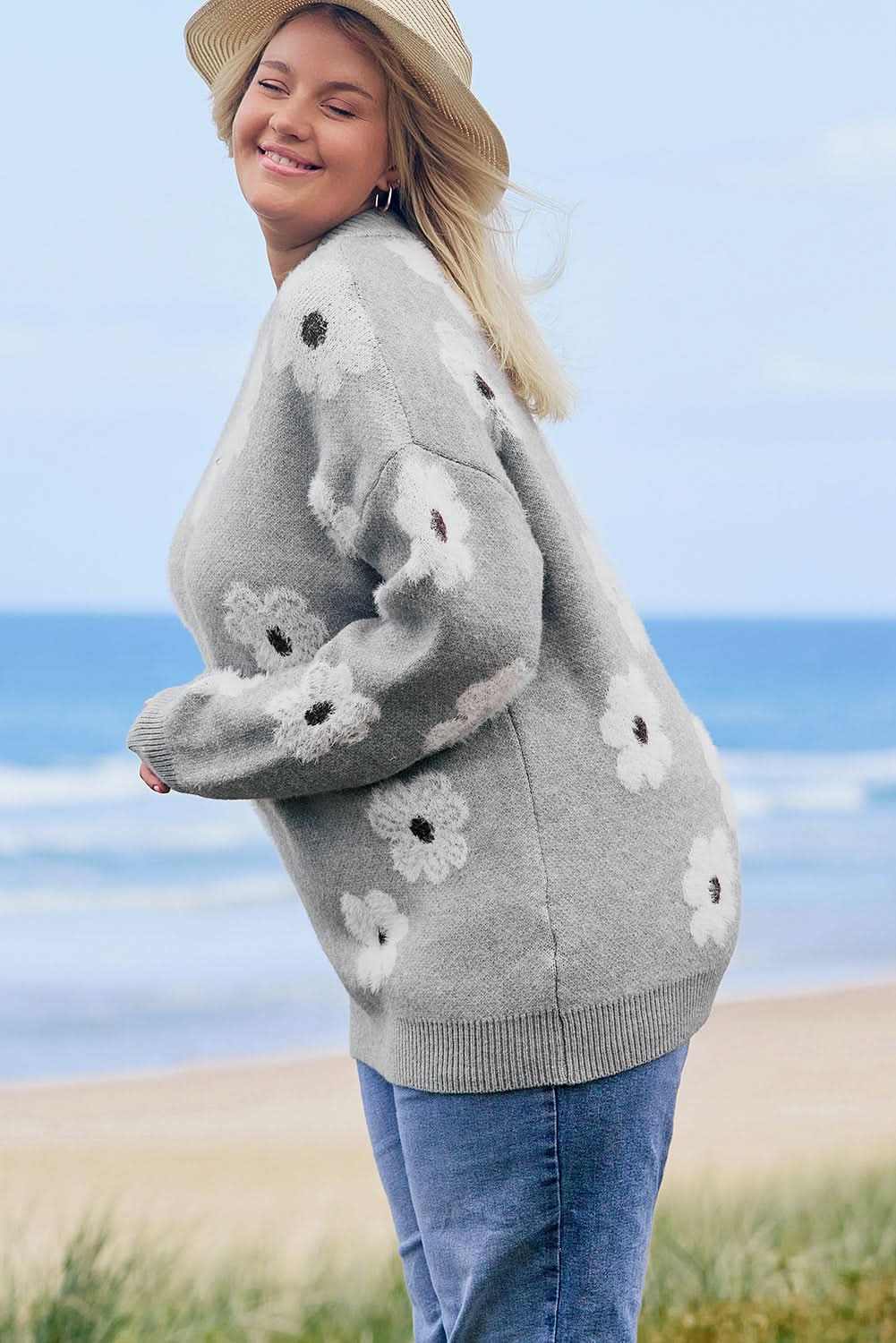 Gray floral embroidered plus size sweater - Love Salve