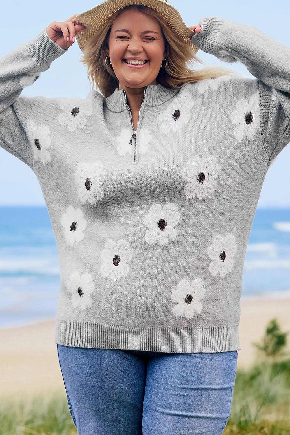 Gray floral embroidered plus size sweater - Love Salve