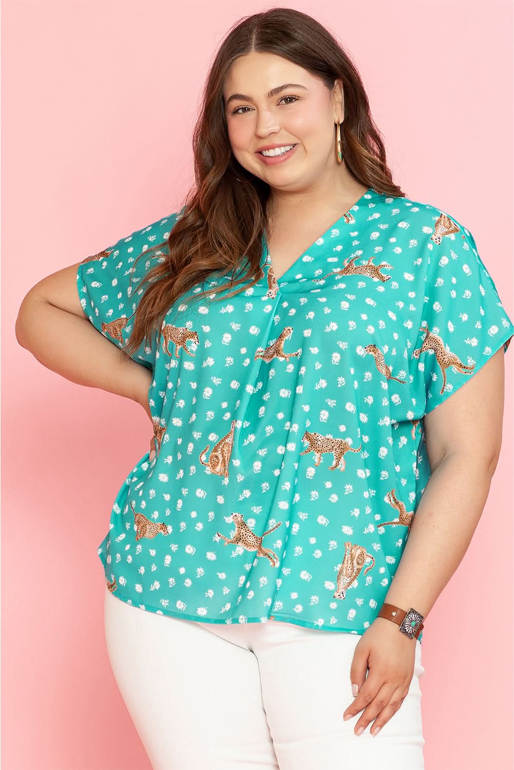 Green Cheetah Print V Neck Short Sleeve Plus Top - Love Salve