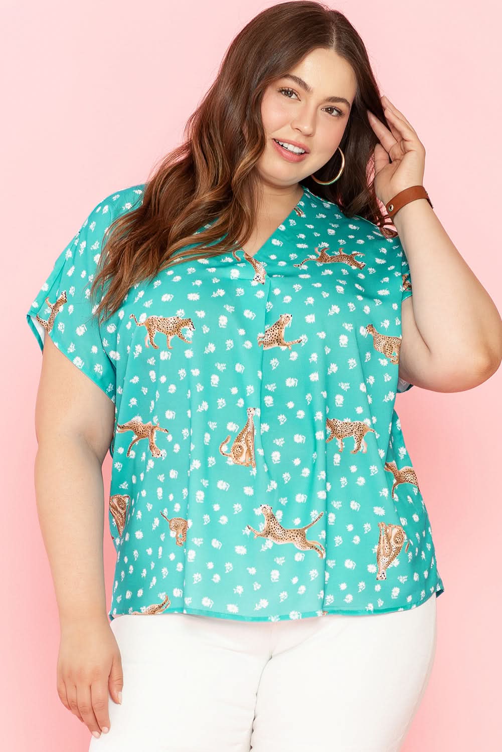 Green Cheetah Print V Neck Short Sleeve Plus Top - Love Salve