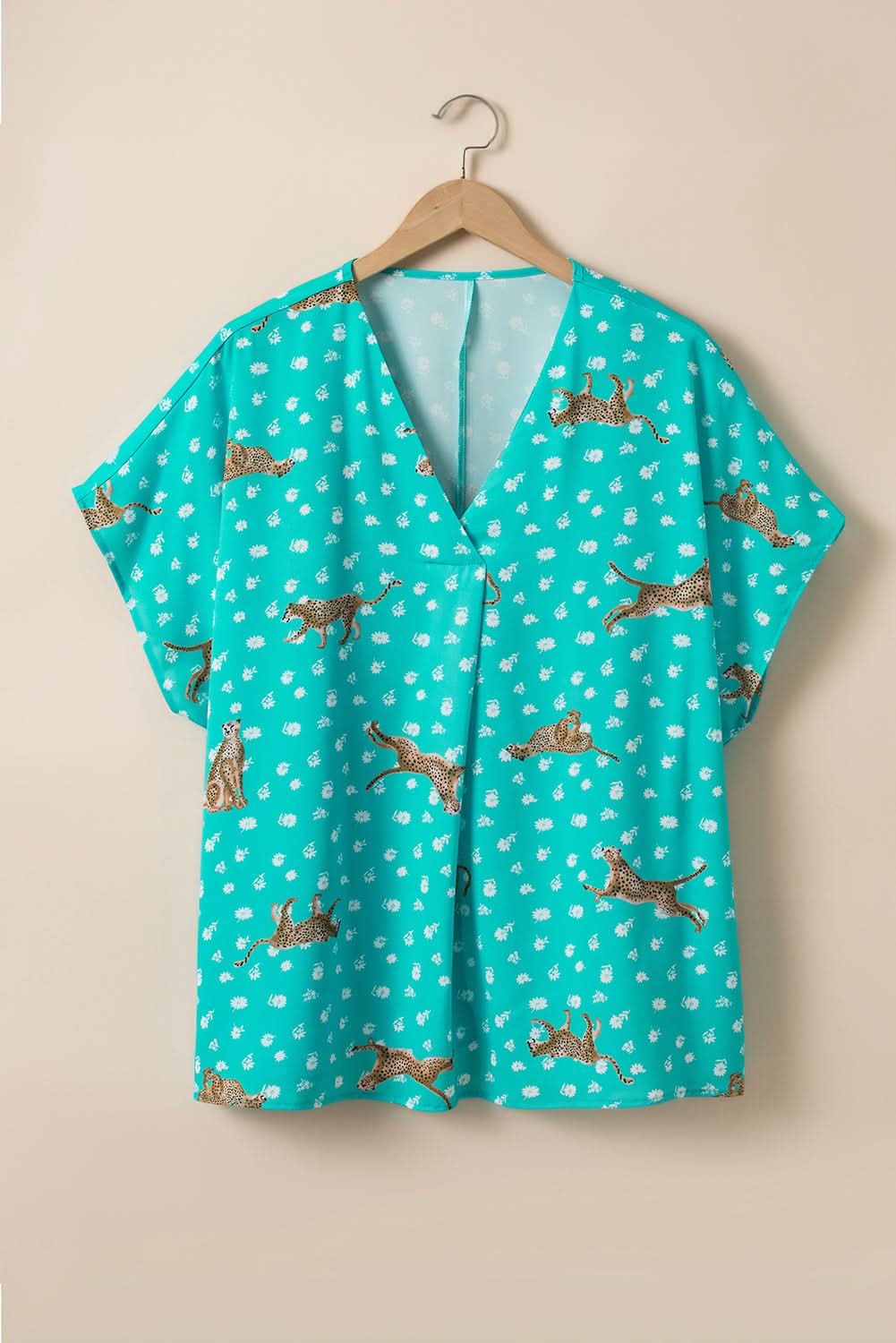 Green Cheetah Print V Neck Short Sleeve Plus Top - Love Salve