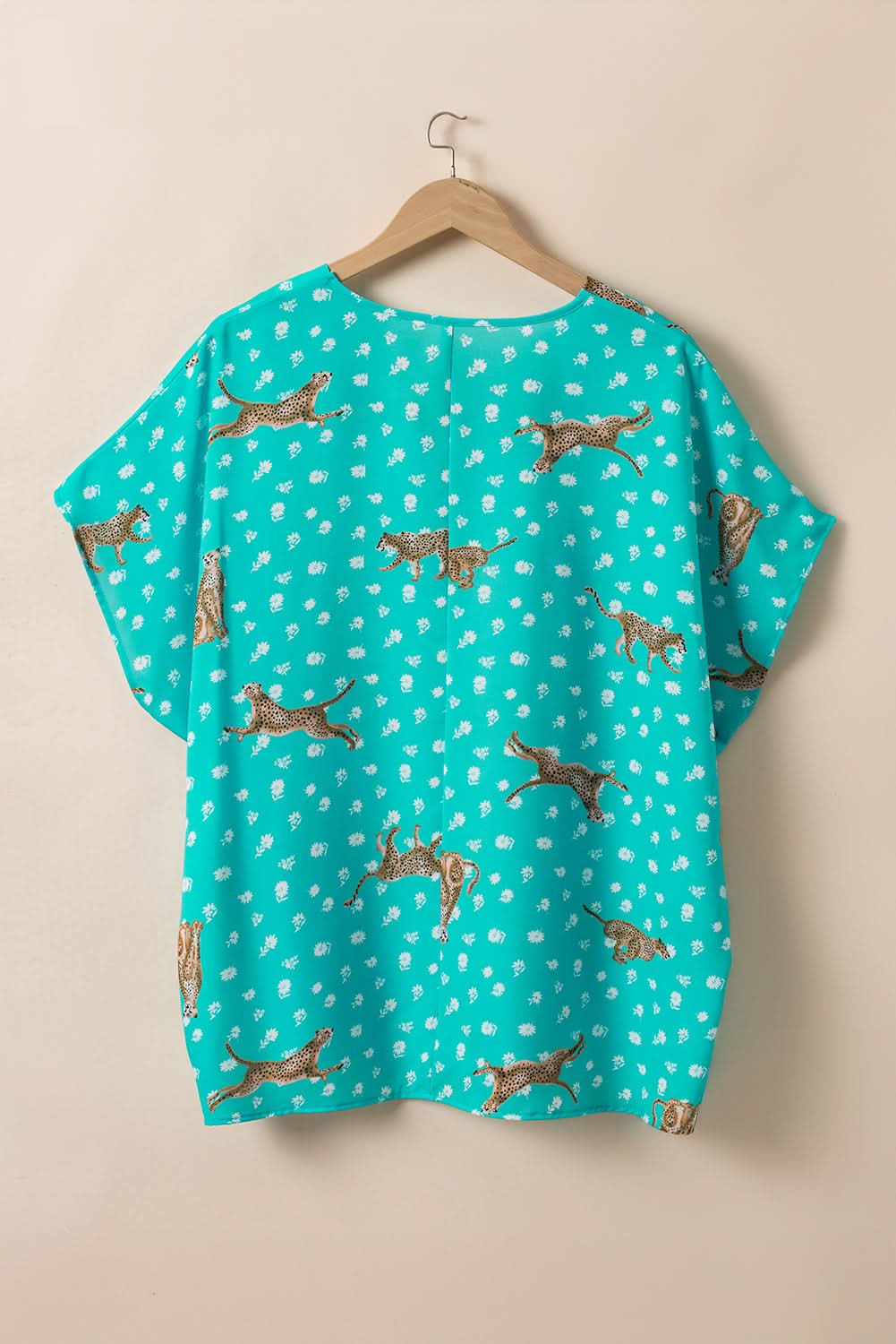 Green Cheetah Print V Neck Short Sleeve Plus Top - Love Salve